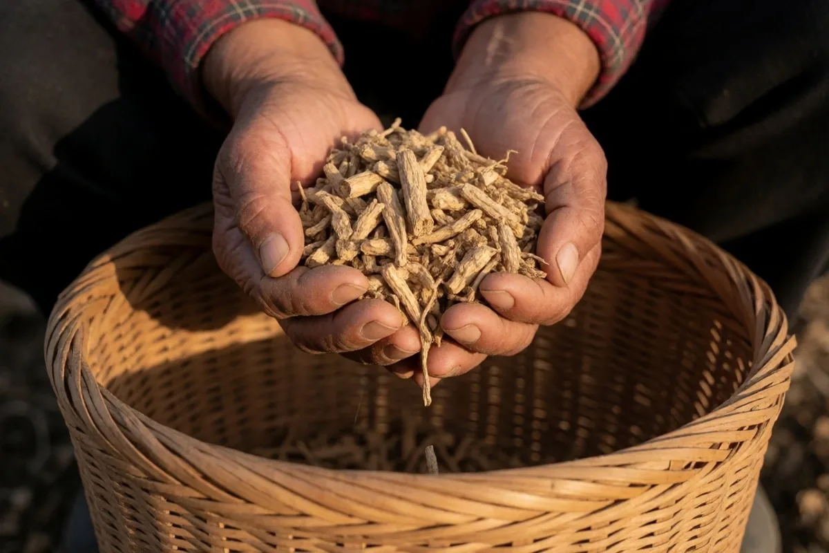 Hands holding dried botanical roots in a harvesting basket