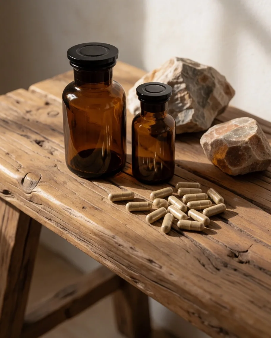 Natural supplement bottles and capsules on a workshop bench