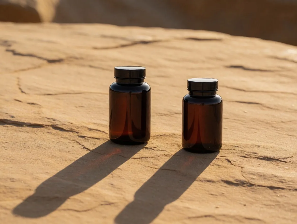 Amber supplement bottles on warm stone