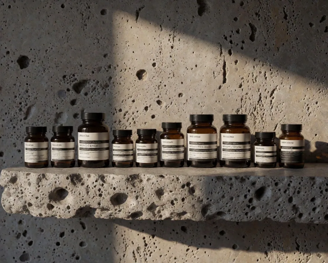 Natural supplement bottles on a stone shelf