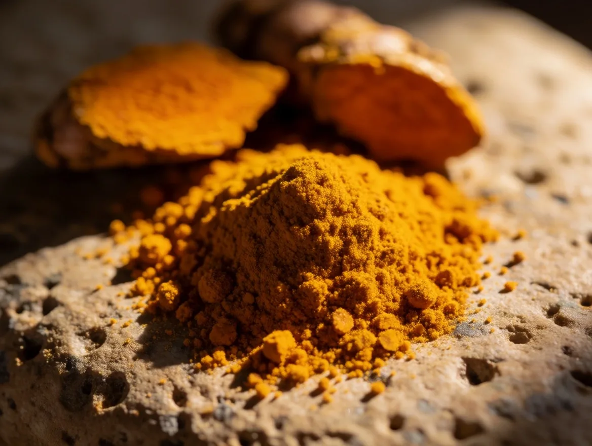 Natural turmeric root and botanical powder on a warm stone surface