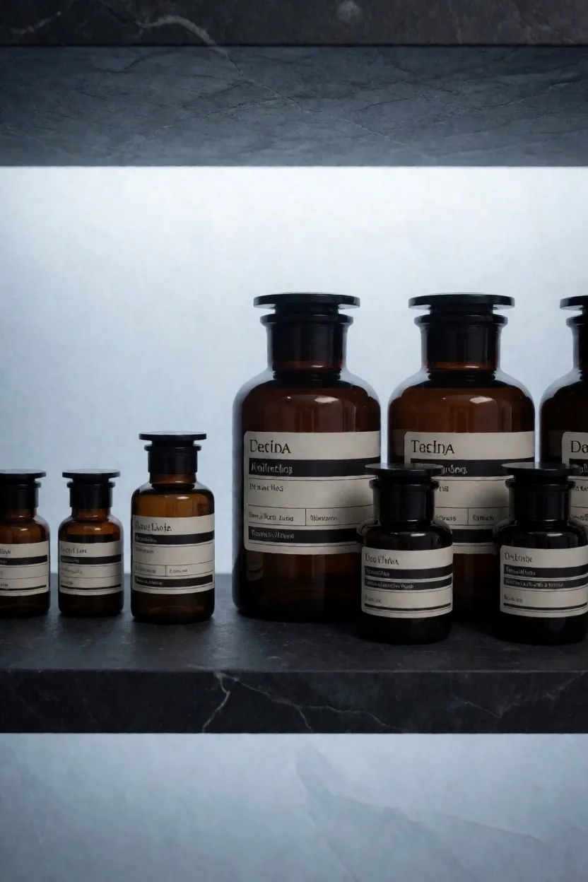 Supplement bottles arranged on a dark stone shelf