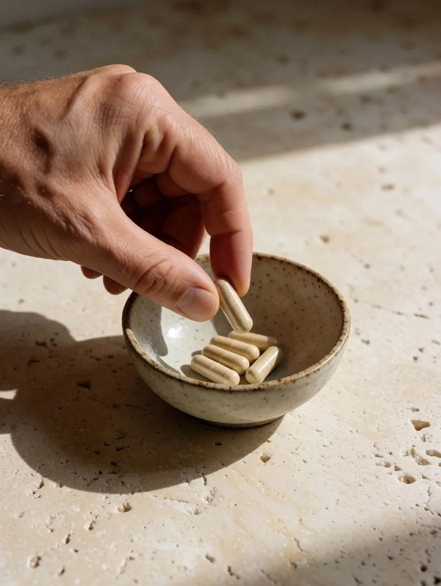 Natural supplement capsule in a ceramic dish on stone